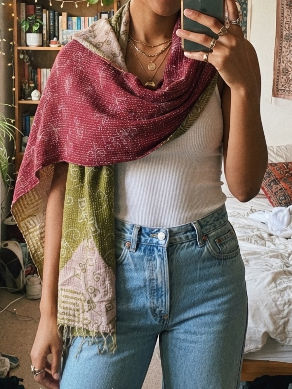 Boho Reversible Scarf Wrap - Pink & Olive